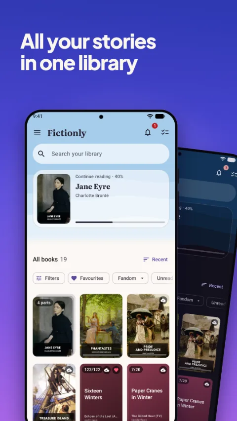 The Fictionly library: a continue reading card above a grid of book covers