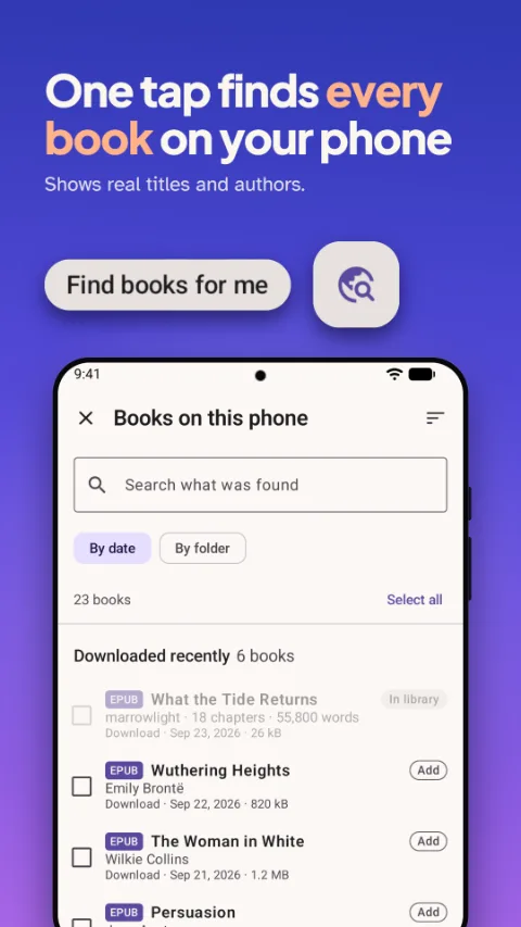 A list of book files found on the phone, with real titles and authors