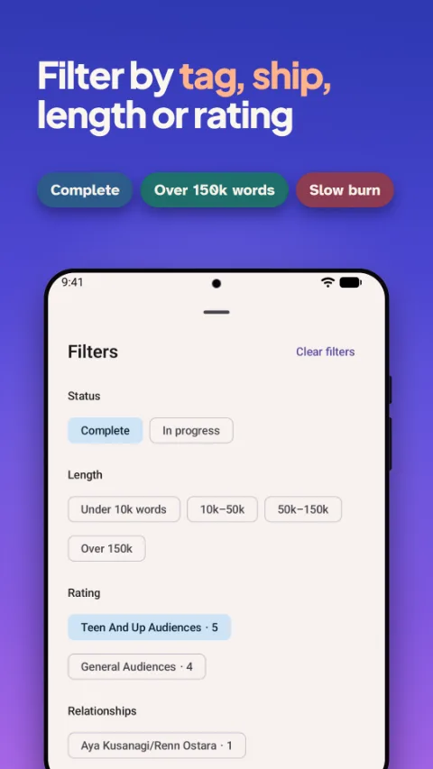 Filter panel with fandom, tags, length and status